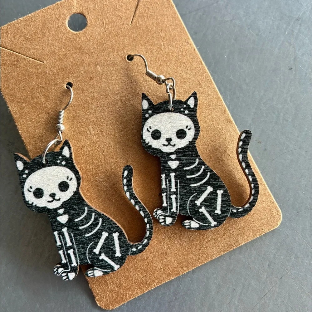 Skeleton Cat Earrings - Black and White